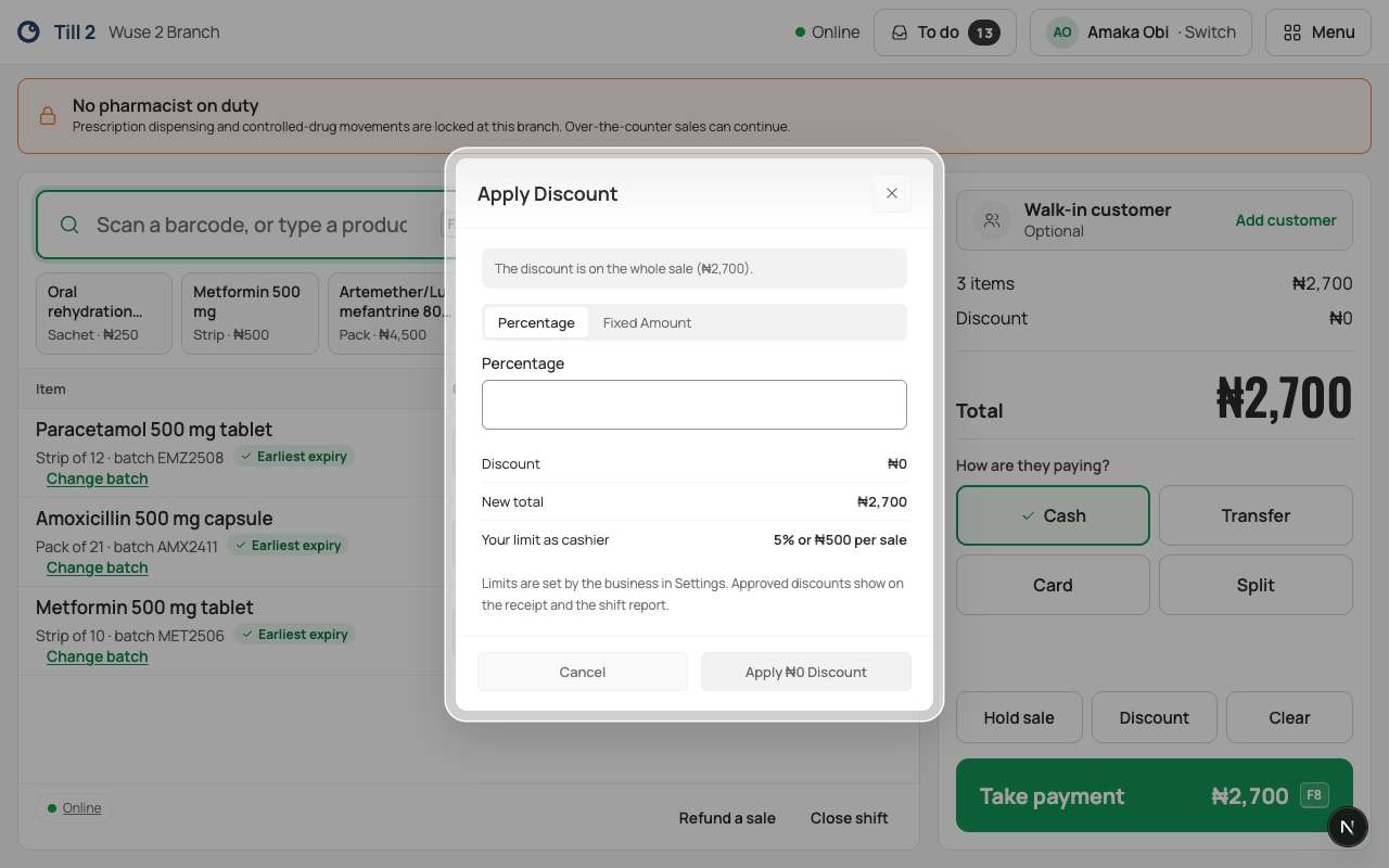 The Apply Discount dialog