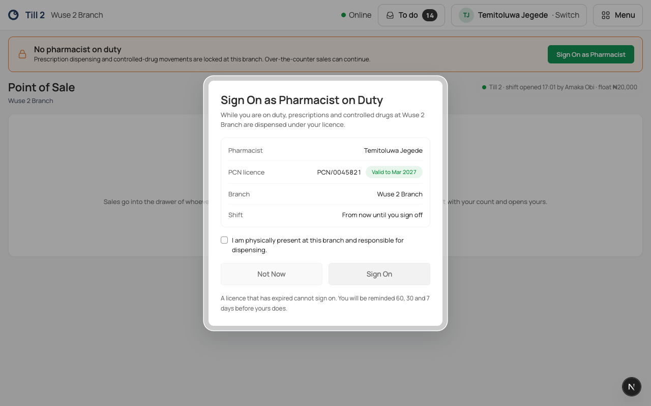 The Sign On as Pharmacist on Duty dialog