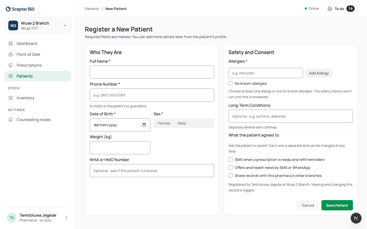 Registering a patient
