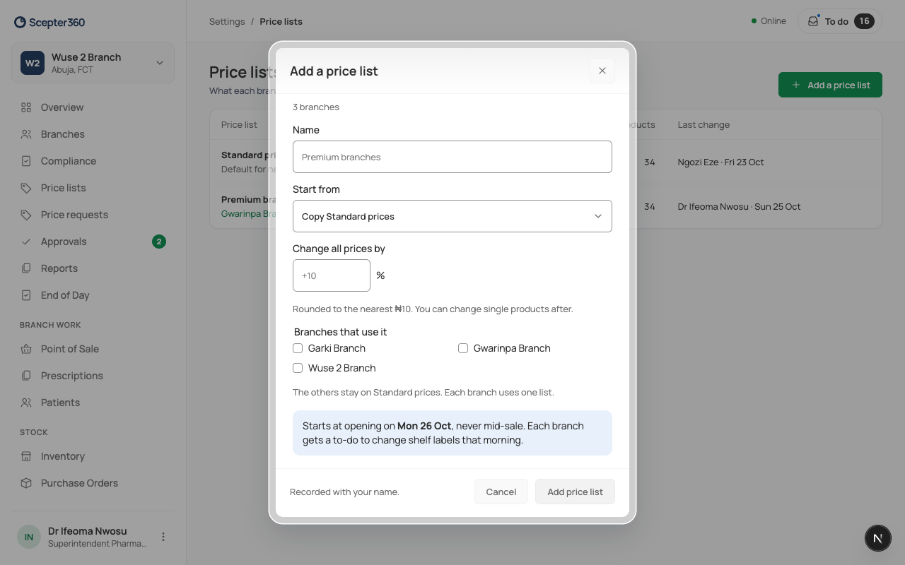 Adding a price list